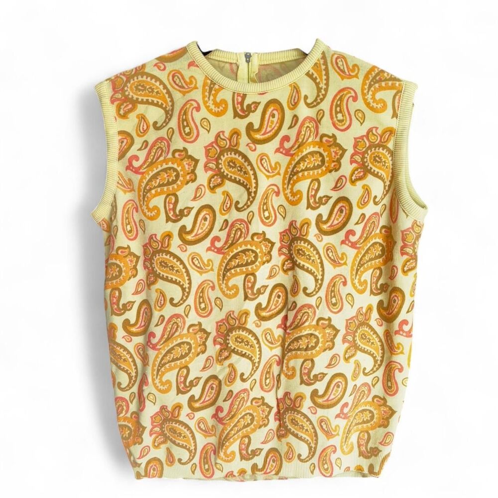 Vintage 1970s Yellow orange Paisley Knit Sweater Vest size S